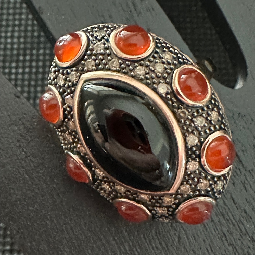 Bohemian Black Onyx & Carnelian Rose Gold-Tone Ring - Size 7